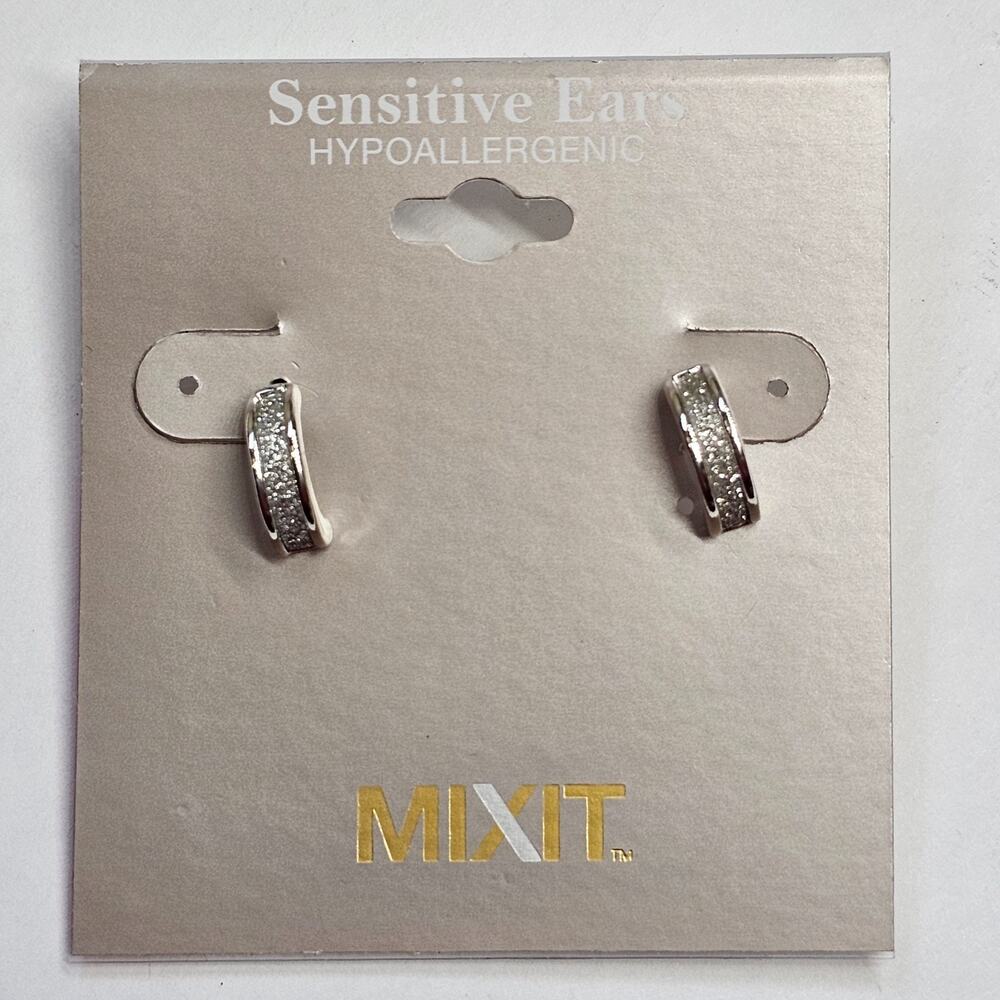 MIXIT Sensitive Ears Pave Crystals Hoop Earrings Silvertone Hypoallergenic NEW